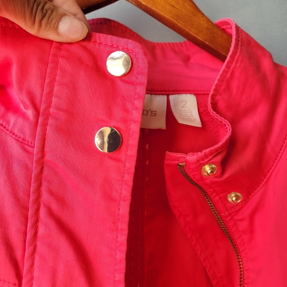 Chico's Luxe Twill Utility Jacket Malibu Punch zip snap front closure Size 2 - Picture 9 of 10